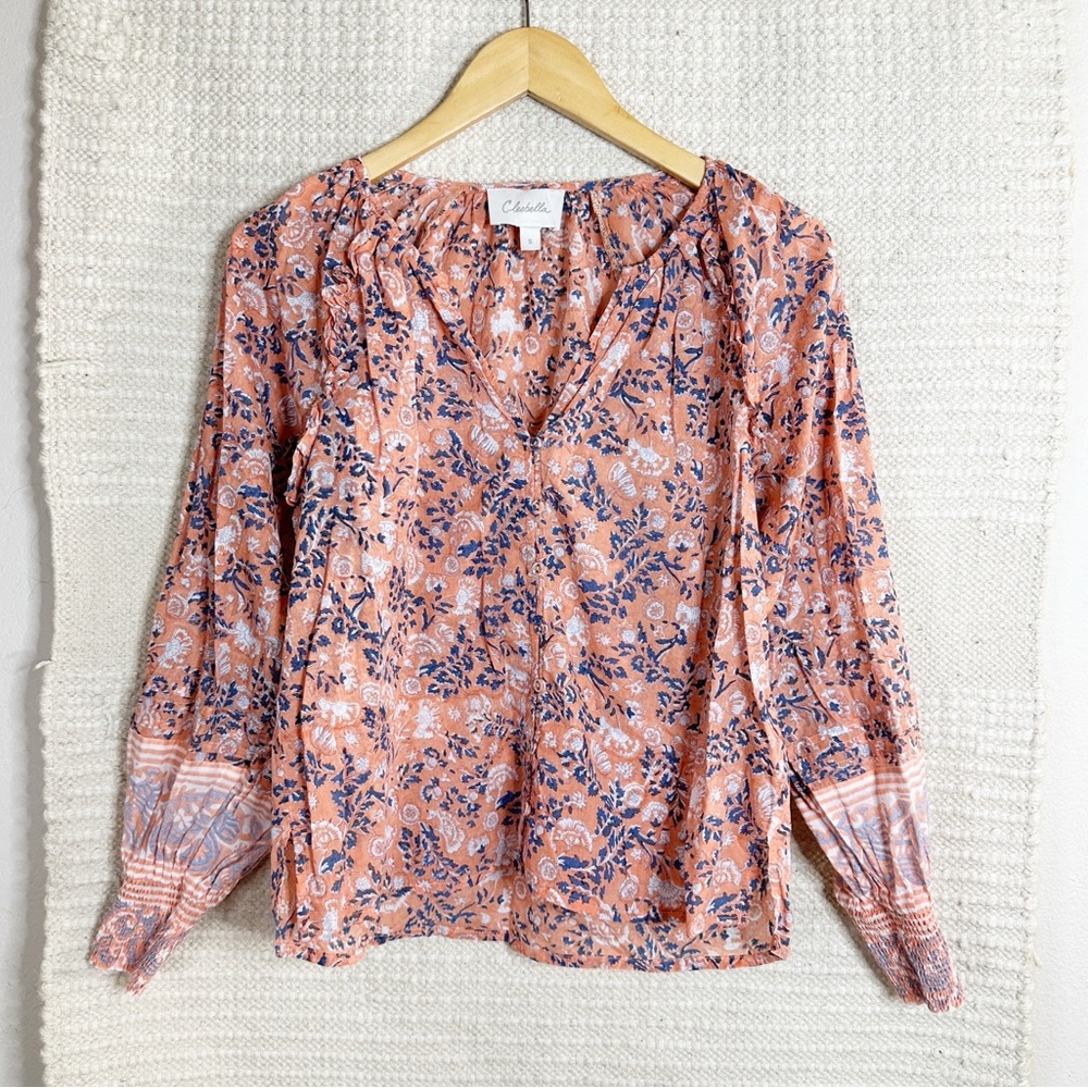 CLEOBELLA orange and blue floral Mariana puff sleeves blouse top S